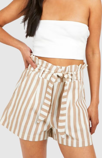 Boohoo Striped Paperbag Waist Shorts - cream