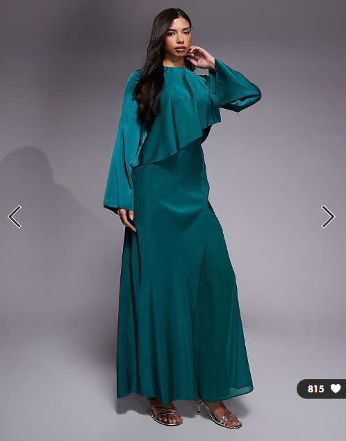 ASOS DESIGN satin long sleeve cape detail maxi dress in teal