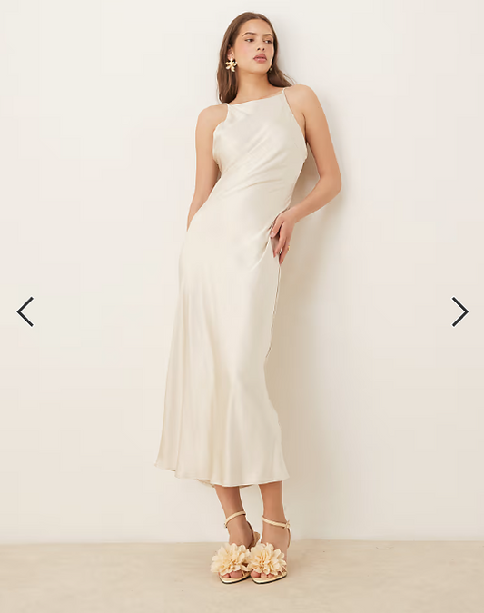 Gina Tricot high neck midi satin dress in light gold