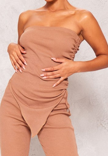 Taupe Bandeau Asymmetric Ribbed Flared Jumpsuit