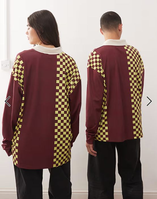 COLLUSION Unisex long sleeve checkerboard soccer t-shirt in burgundy