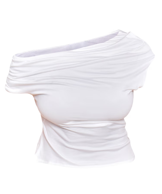 Plt - Shape White Striped Drape One Shoulder Top