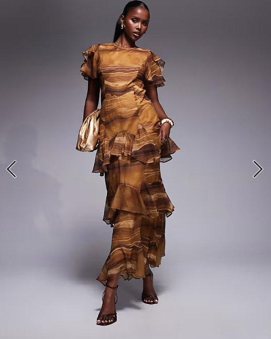 ASOS DESIGN ruffle chiffon maxi dress in chocolate abstract print
