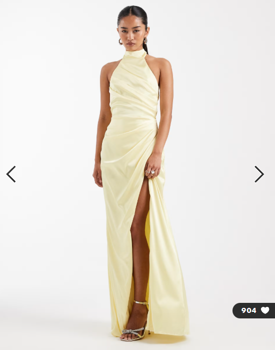 TFNC Bridesmaid satin halter neck pleat detail maxi dress in butter lemon
