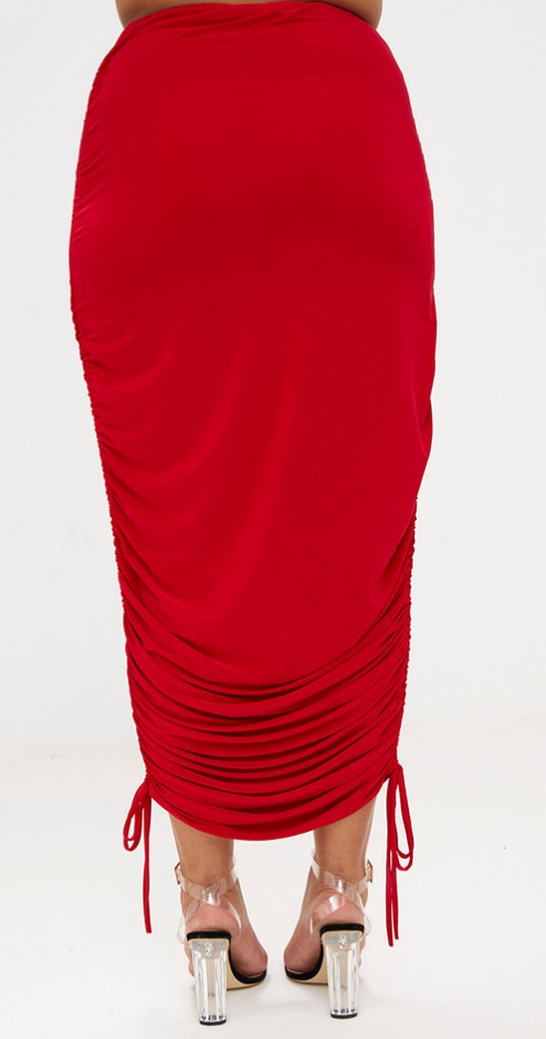 Red Ruched Tie Side Slinky Midaxi Skirt