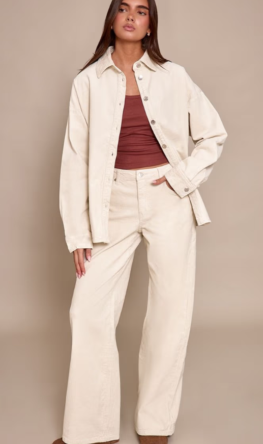 Prettylittlething Ecru Cord Wide Leg Jeans