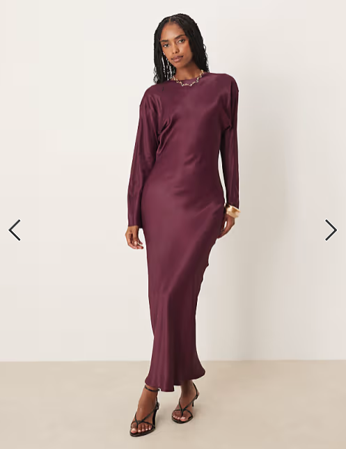 ASOS DESIGN balloon sleeve crew neck satin slip maxi dress in deep plum