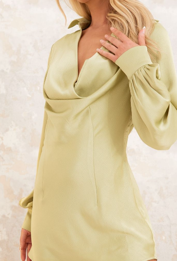 Sage Textured Satin Cowl Neck Collared Shirt Dress