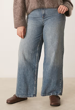 ASOS DESIGN Curve high waisted wide leg jeans with cinch in vintage wash