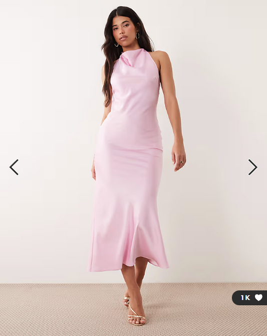 Kaiia exclusive satin high cowl neck lace back detail maxi dress in baby pink