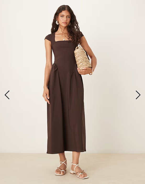 ASOS DESIGN square neck midi sundress with cap sleeves in chocolate - BROWN
