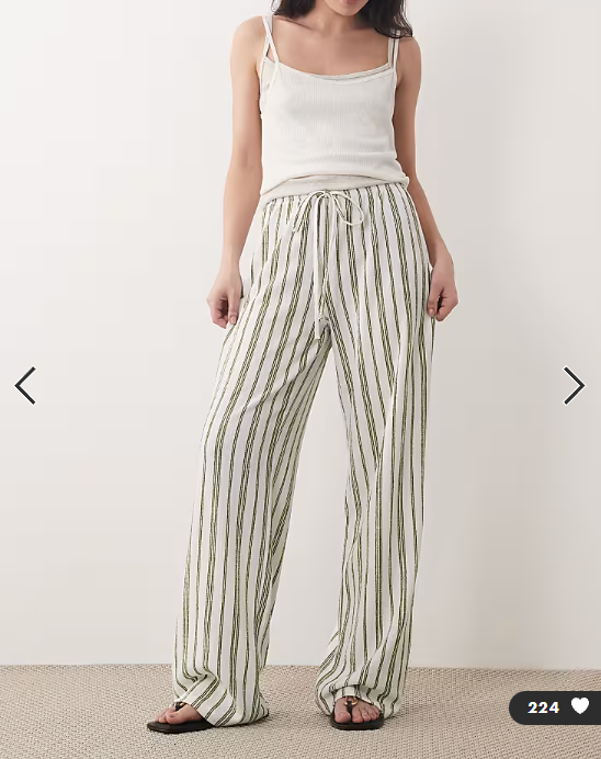 Wednesdays Girl jersey tie waist wide leg trouser in green stripe
