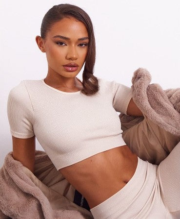 PETITE ECRU GLITTER CONTOUR RIB CROP TOP