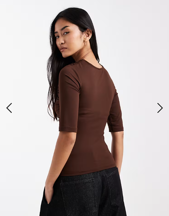 ASOS DESIGN short sleeve with wrap detail and ruching top in brown