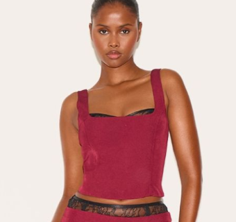 Burgundy Lace Detail Corset Woven Crop Top