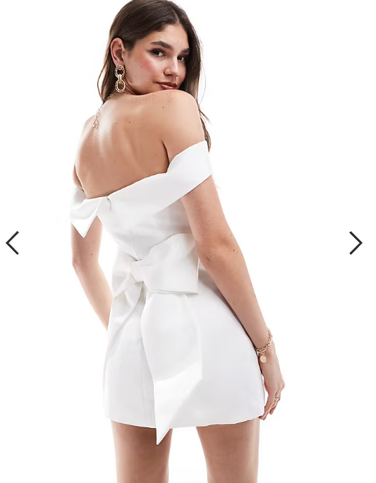 Miss Selfridge occasion bardot bow back mini dress in ivory