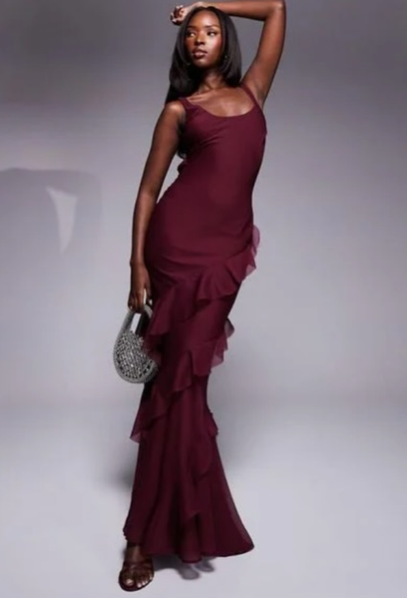 Asos - scoop neck mXi dress with ruffle skirt in burgundy