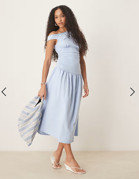 ASOS DESIGN slash neck fitted waist midi dress in baby blue