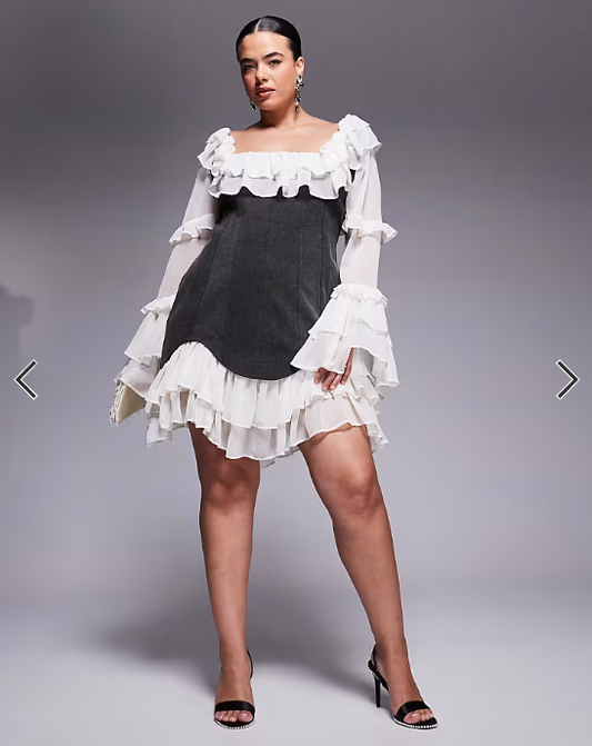 ASOS LUXE Curve denim corset mini dress with chiffon sleeves and hem in black