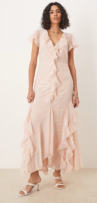 ASOS DESIGN angel sleeve ruffle embroidered maxi dress in dusky pink
