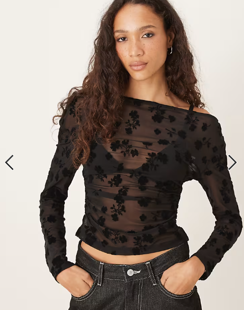 ASOS DESIGN flocked asymmetric cinched top in black