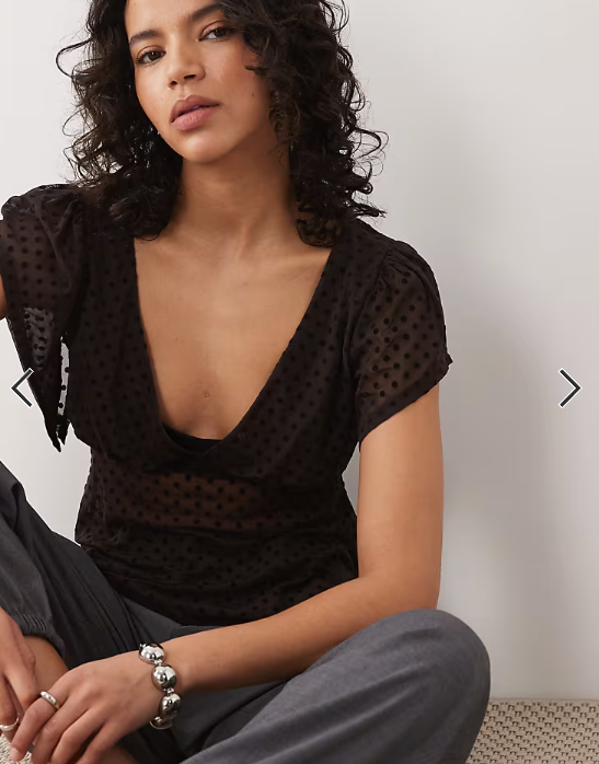 ASOS DESIGN flocked flutter sleeve top in chocolate