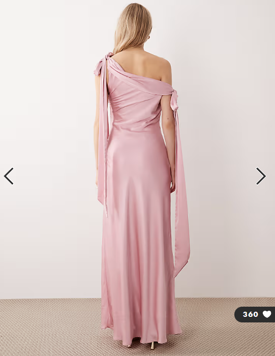 TFNC Bridesmaids fallen shoulder satin maxi dress in pink