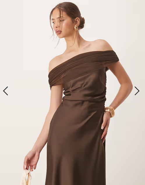 Six Stories off shoulder mesh satin midaxi dress in chocolate