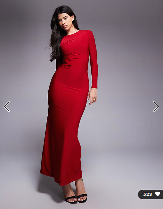 Kaiia exclusive double layered slinky cut out back detail long sleeve maxi dress in cherry red