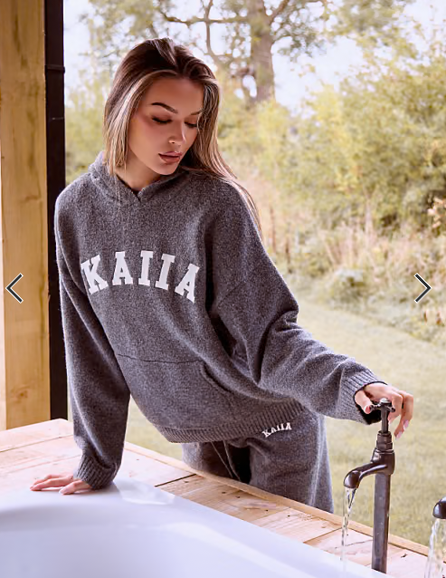 Kaiia knitted embroidered logo hoodie co-ord in charcoal