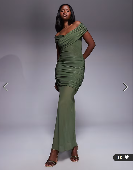 Kaiia exclusive double layered slinky off shoulder sheer mesh hem maxi dress in olive