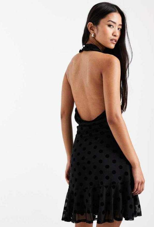 Collusion - polka dot flocked cross halter flippy mini dress