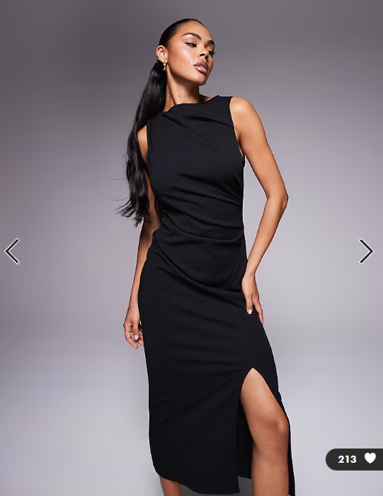 ASOS DESIGN slash neck ruched midi dress in black