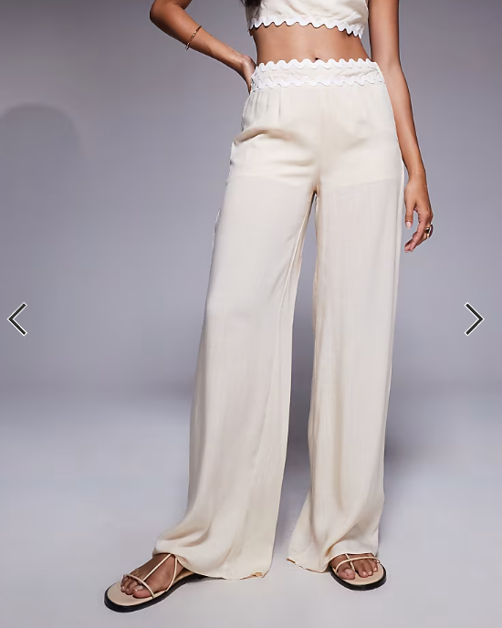 Missyempire cotton scallop trim waist detail wide leg trousers co-ord in beige