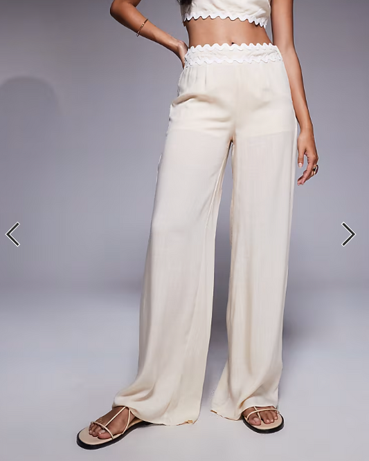 Missyempire cotton scallop trim waist detail wide leg trousers co-ord in beige