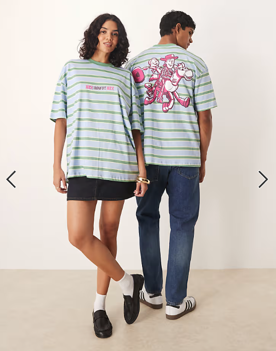 ASOS DESIGN Disney Pixar unisex oversized pinstripe t-shirt with Jessie Toy Story print in green