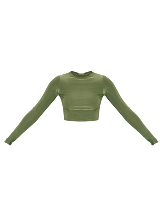Forest Green Basic Slinky Long Sleeve Crop Top