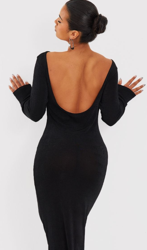 Black Acetate Slinky Long Sleeve Slash Neck Open Back Maxi Dress