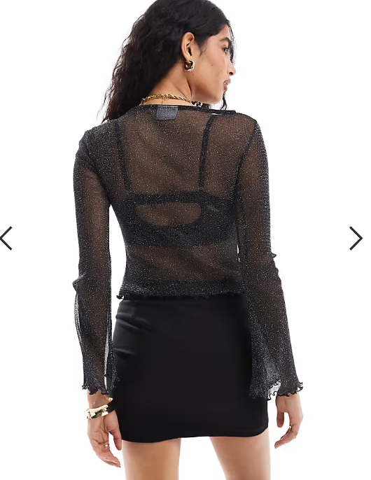 ASOS DESIGN glitter mesh sheer angel sleeve top in black