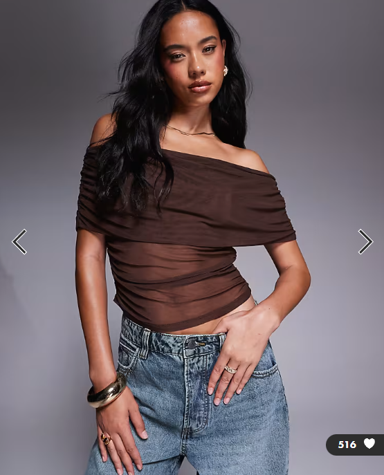 ASOS DESIGN mesh fold over ruched off shoulder top in chocolate