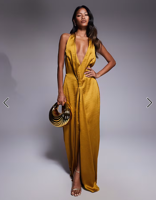 TFNC satin deep v halter neck knot detail drape front maxi dress in mustard