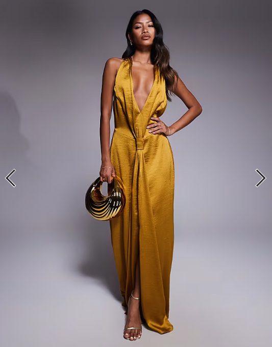 TFNC satin deep v halter neck knot detail drape front maxi dress in mustard