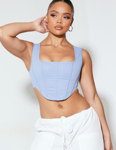 Dusty Blue Stretch Woven Boned Corset Crop Top