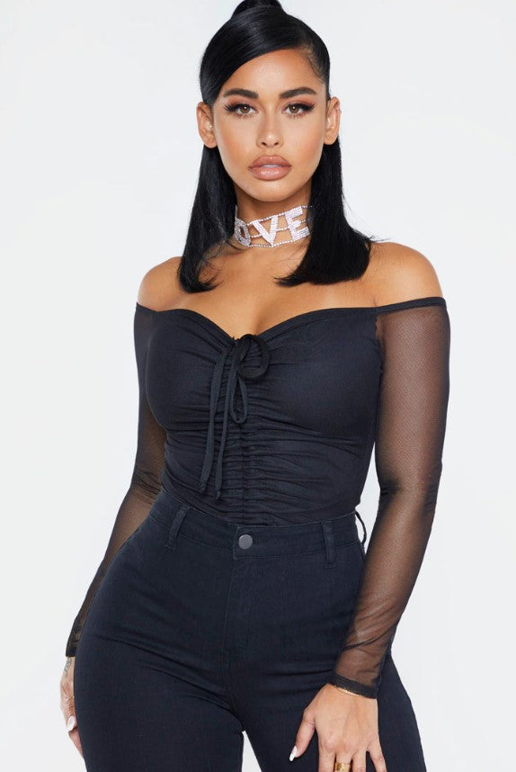 Shape Black Mesh Long Sleeve Ruched Bodysuit