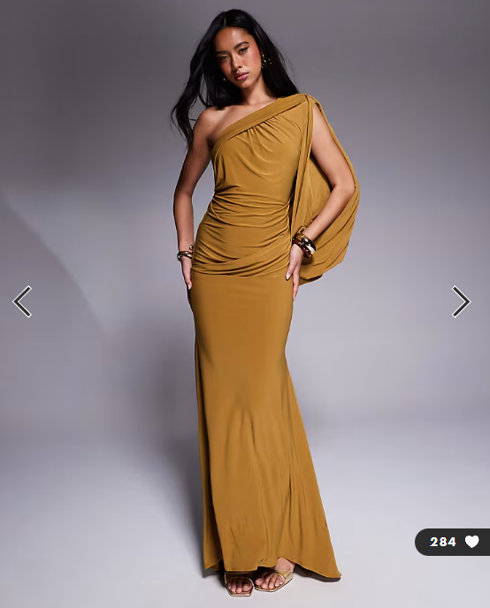 ASOS DESIGN Premium asymmetric one sleeve maxi dress with draped back in bronze