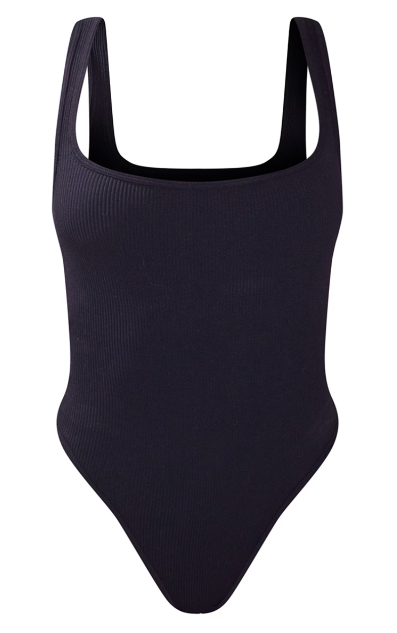 Black Contour Rib Square Neck Sleeveless Bodysuit