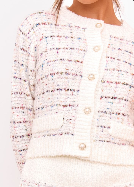 Multi Contrast Boucle Knit Button Up Cardigan