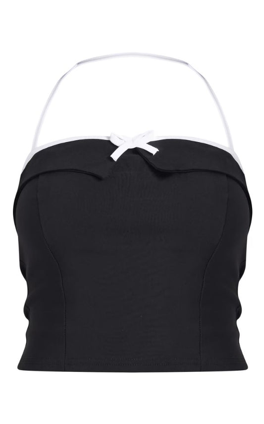 Black Stretch Woven Halterneck Contrast Binding Long Top