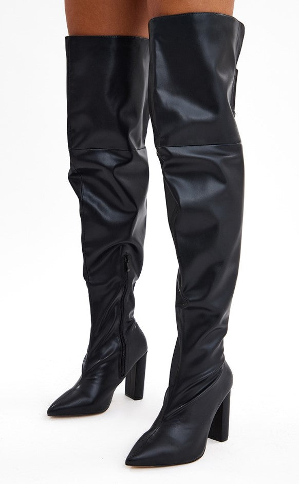 Black Wide Fit Pu Point Toe High Heeled Over The Knee Boots