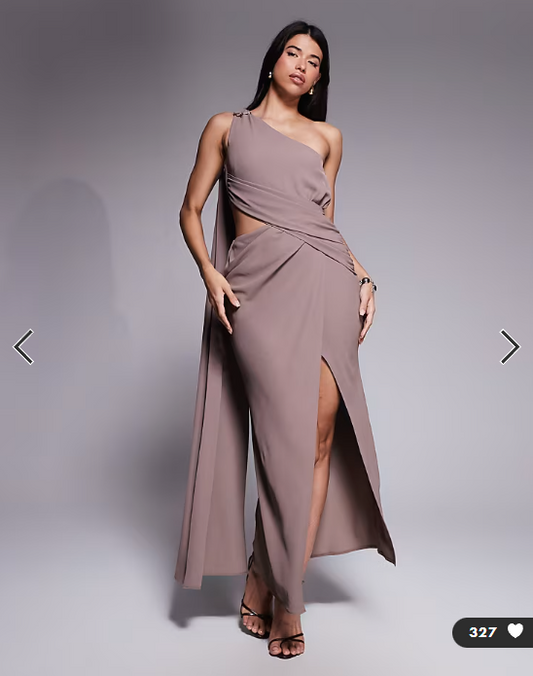 ASOS DESIGN asymmetric one shoulder crepe maxi dress with gold trim detail in mocha